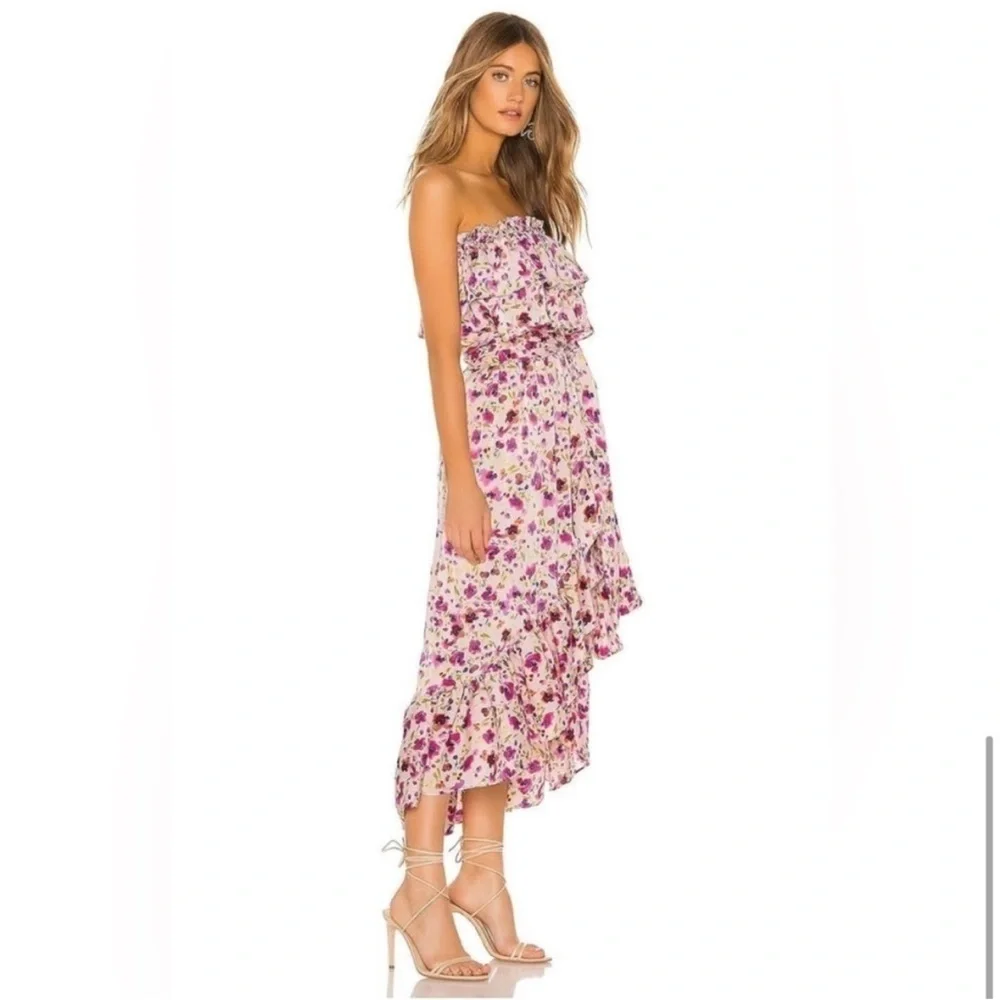 MISA Los Angeles Sabella Strapless Ruffle Tie Waist Midi Dress in Fuchsia Floral